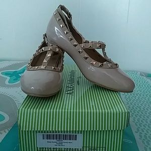 Beige studded t strap dressy shoe